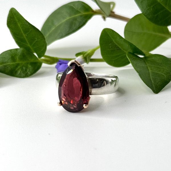 Garnet Teardrop Gold and Silver Ring