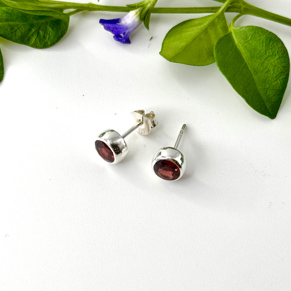 Round Bezel Set Garnet Studs