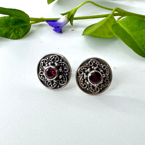 Worked Silver Garnet Stud Earrings