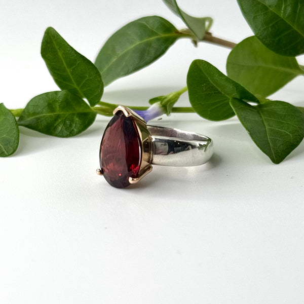 Garnet Teardrop Gold and Silver Ring