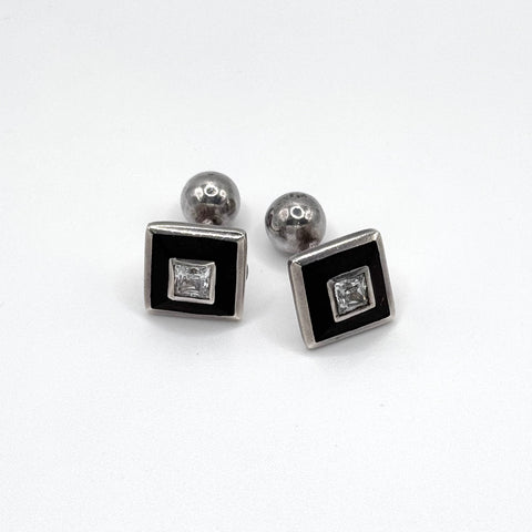 Crystal and Black Enamel Silver Cufflinks