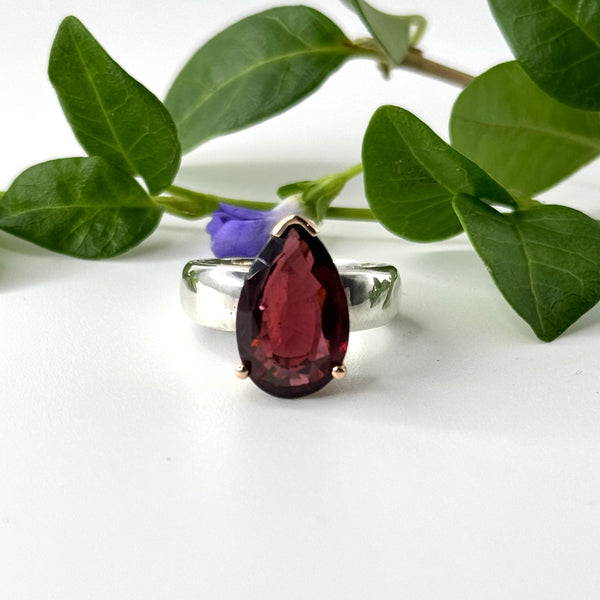 Garnet Teardrop Gold and Silver Ring