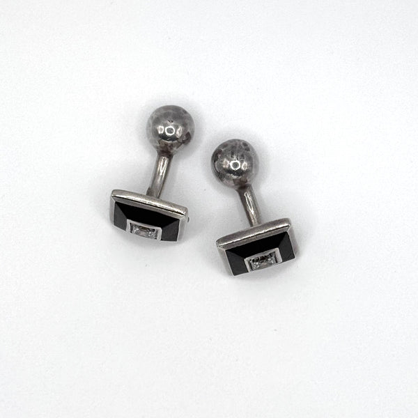 Crystal and Black Enamel Silver Cufflinks