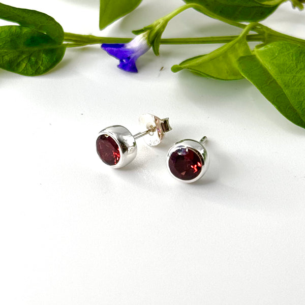 Round Bezel Set Garnet Studs