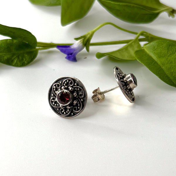 Worked Silver Garnet Stud Earrings