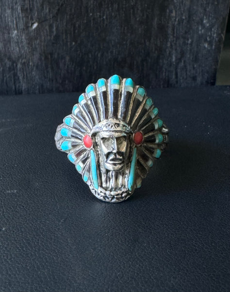 Zuni 'Chief' Silver Ring - Turquoise, Jet and Coral