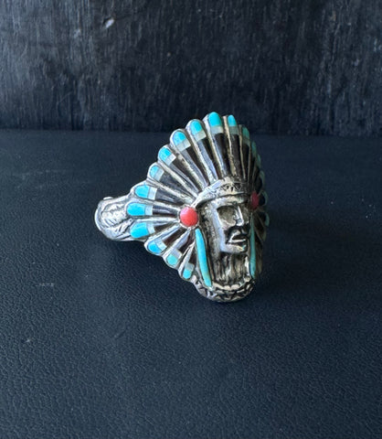 Zuni 'Chief' Silver Ring - Turquoise, Jet and Coral