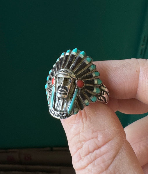 Zuni 'Chief' Silver Ring - Turquoise, Jet and Coral